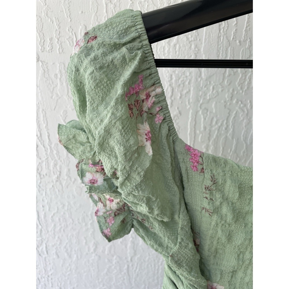 Altar'd‎ State Sage Green Floral Seersucker Ruffle Mini Dress Large Tie Back L - Picture 7 of 9